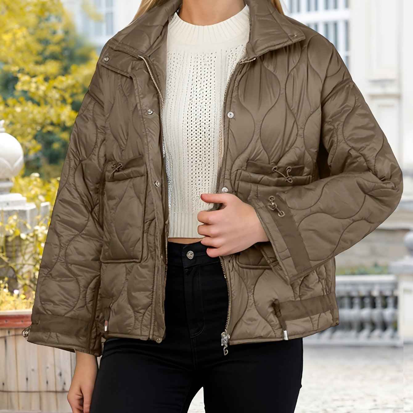 Womens Oversized Quilted Puffer Jacket with Stand Collar