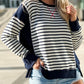 Zimonto - Slit Exposed Seam Striped Long Sleeve Sweatshirt Dark Blue