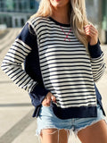 Zimonto - Slit Exposed Seam Striped Long Sleeve Sweatshirt Dark Blue
