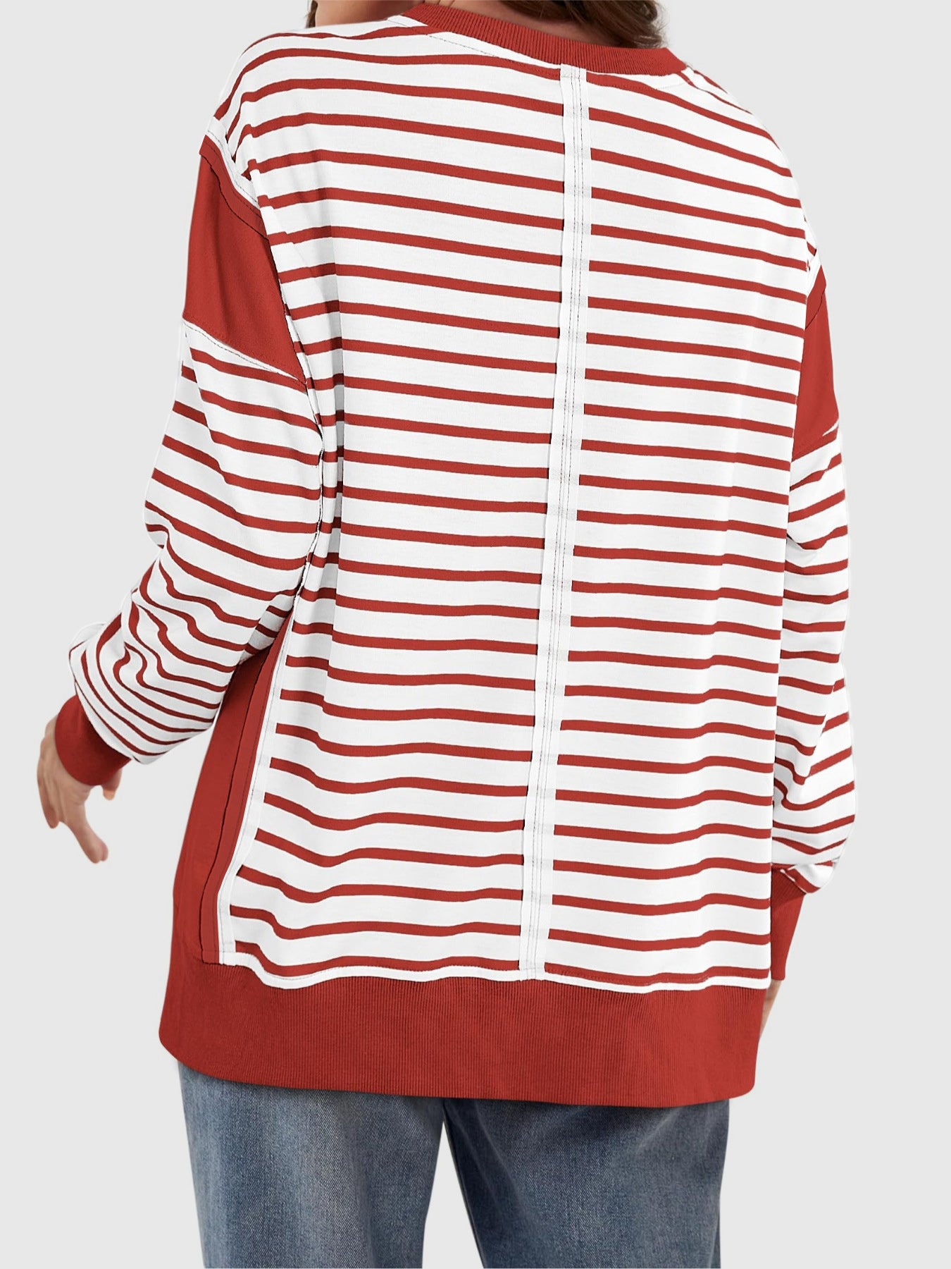 Zimonto - Slit Exposed Seam Striped Long Sleeve Sweatshirt