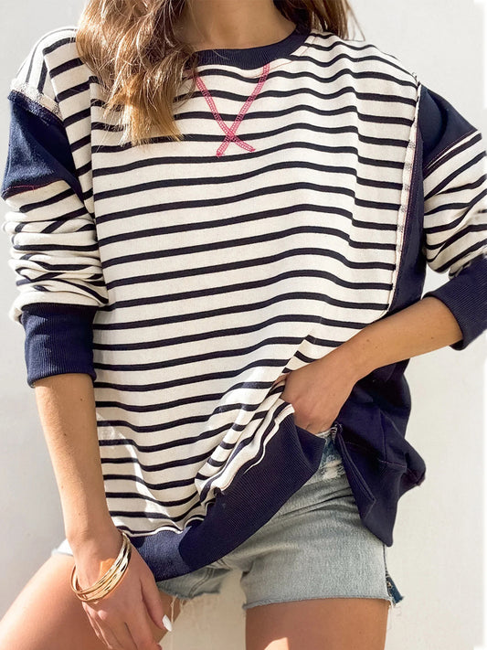 Zimonto - Slit Exposed Seam Striped Long Sleeve Sweatshirt