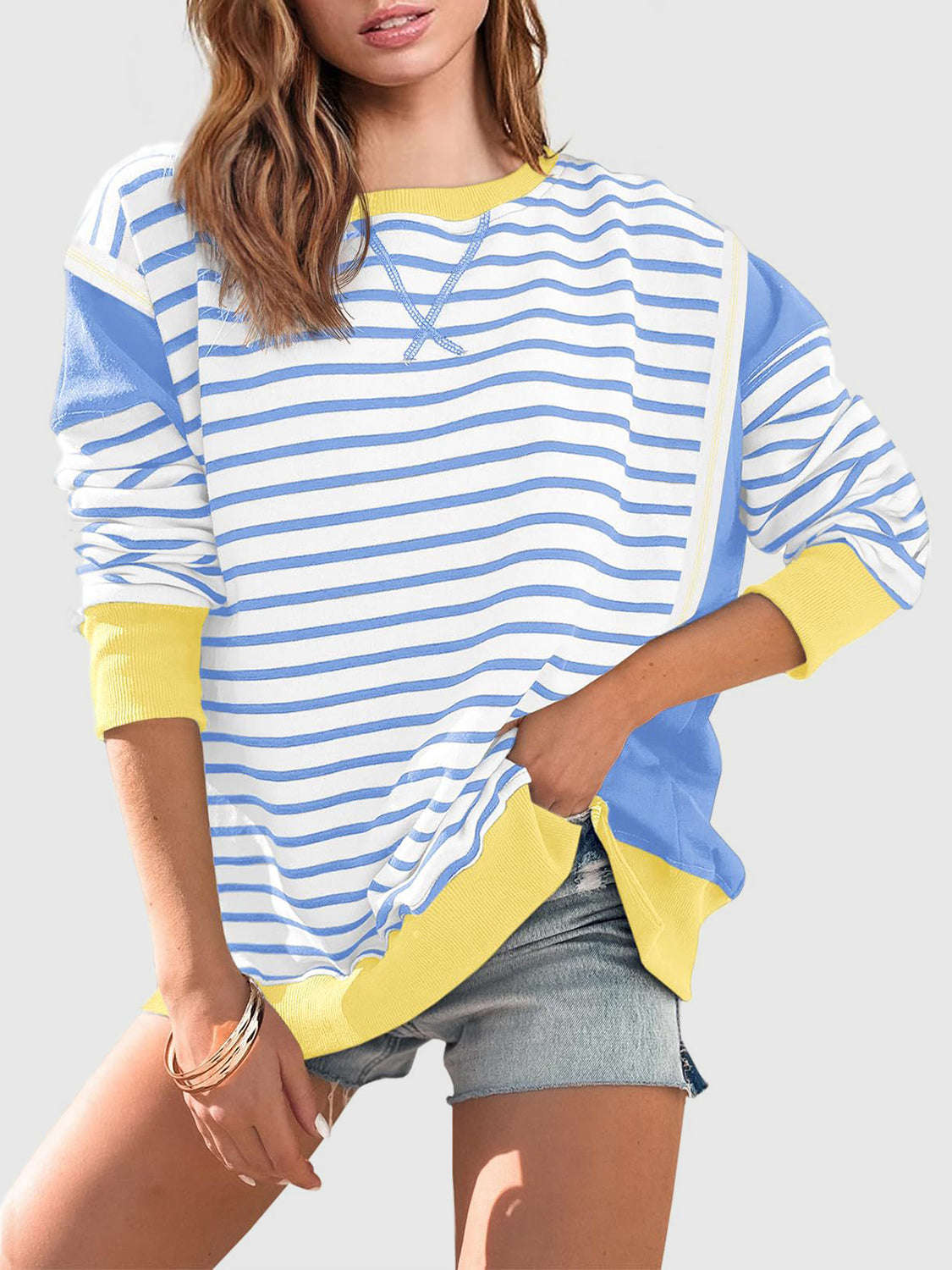 Zimonto - Slit Exposed Seam Striped Long Sleeve Sweatshirt Yellow