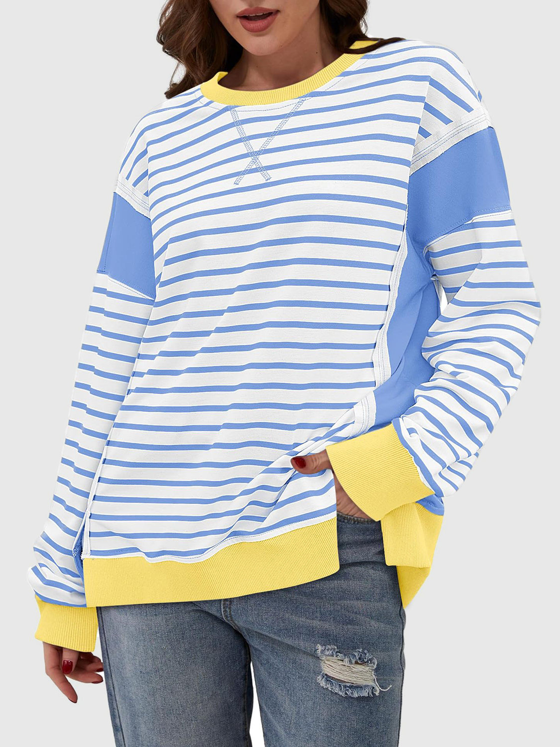 Zimonto - Slit Exposed Seam Striped Long Sleeve Sweatshirt