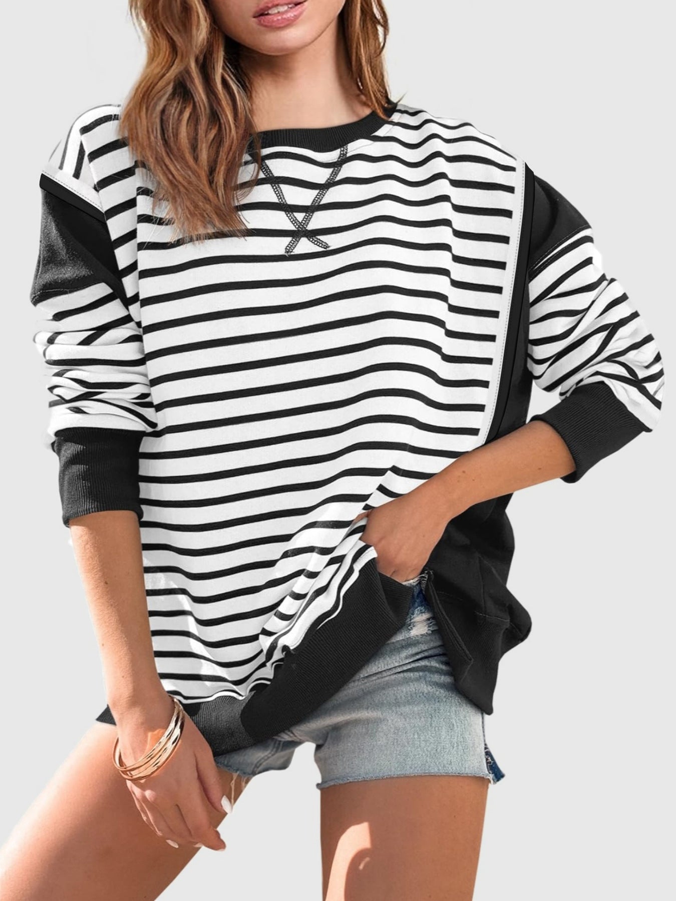 Zimonto - Slit Exposed Seam Striped Long Sleeve Sweatshirt Black