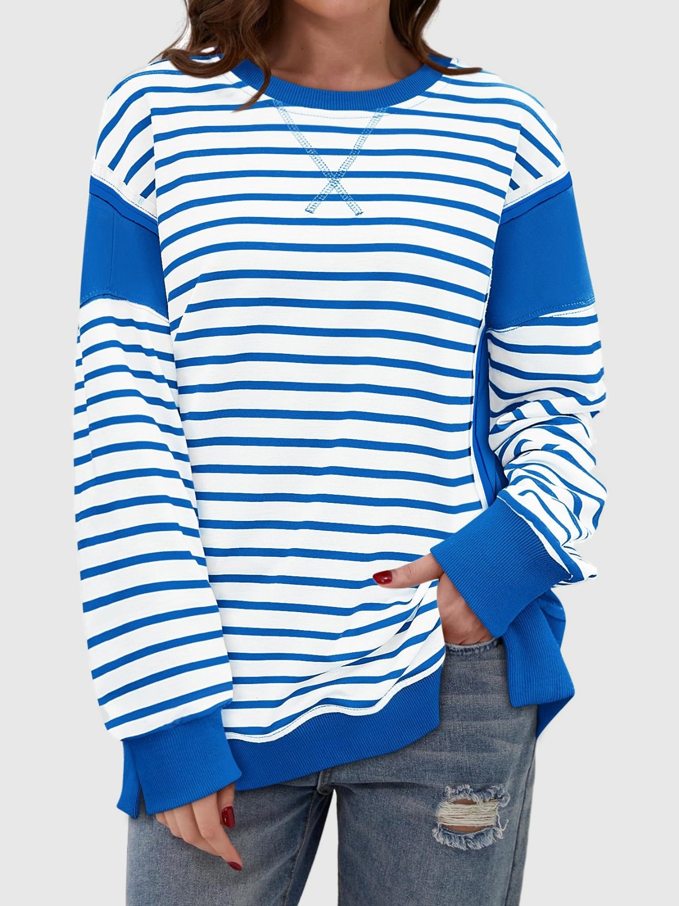 Zimonto - Slit Exposed Seam Striped Long Sleeve Sweatshirt