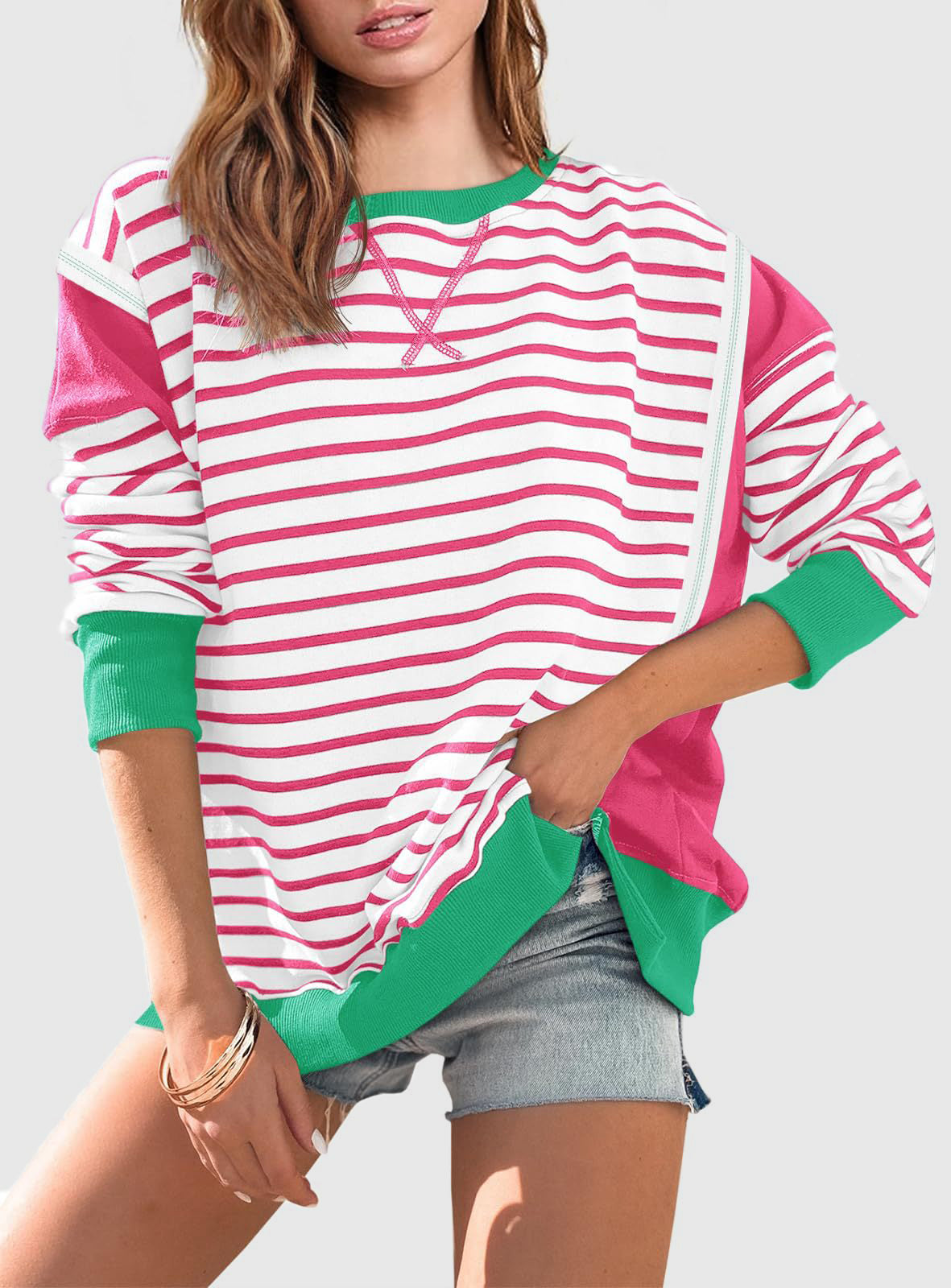 Zimonto - Slit Exposed Seam Striped Long Sleeve Sweatshirt Turquoise