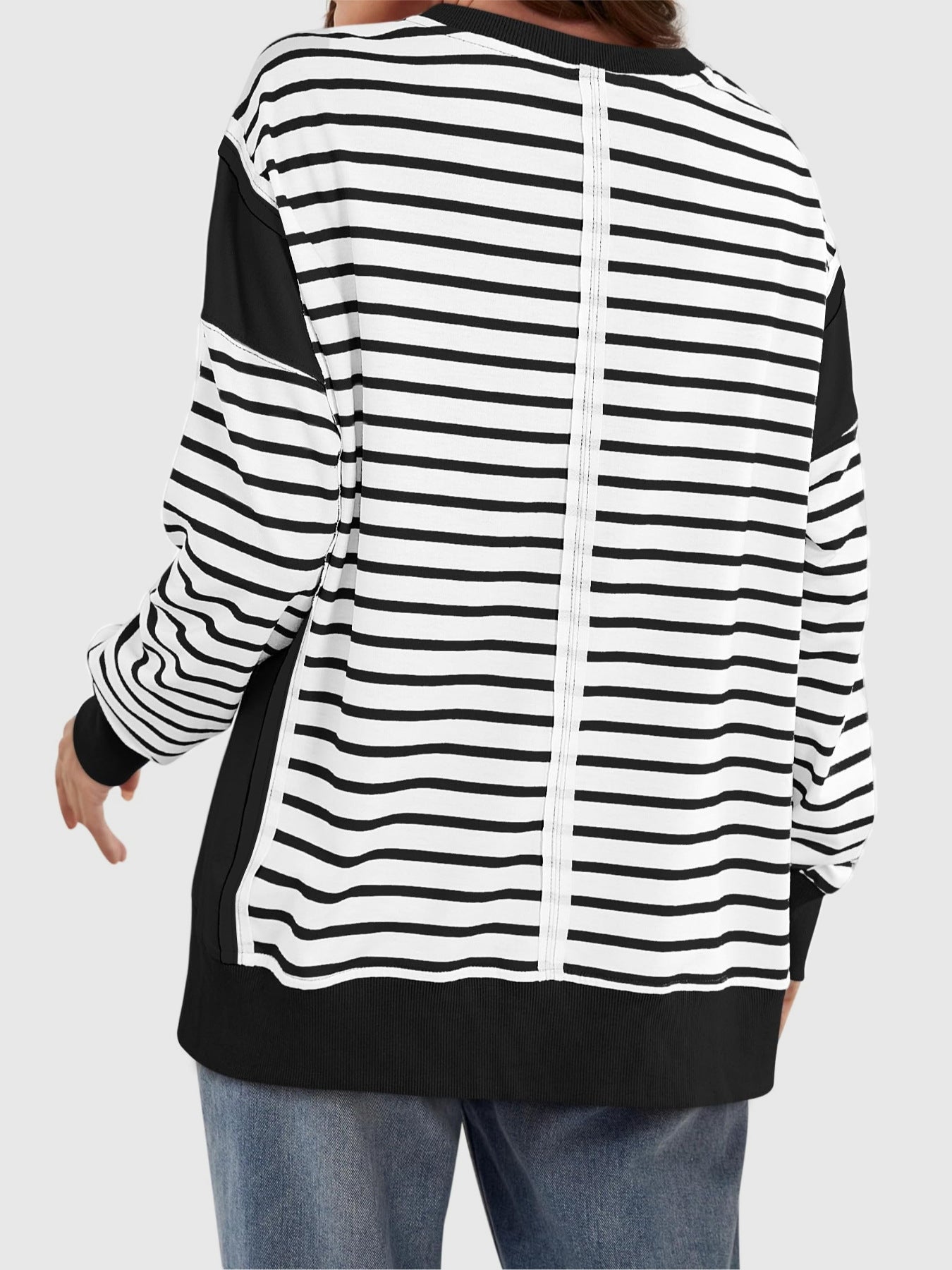 Zimonto - Slit Exposed Seam Striped Long Sleeve Sweatshirt