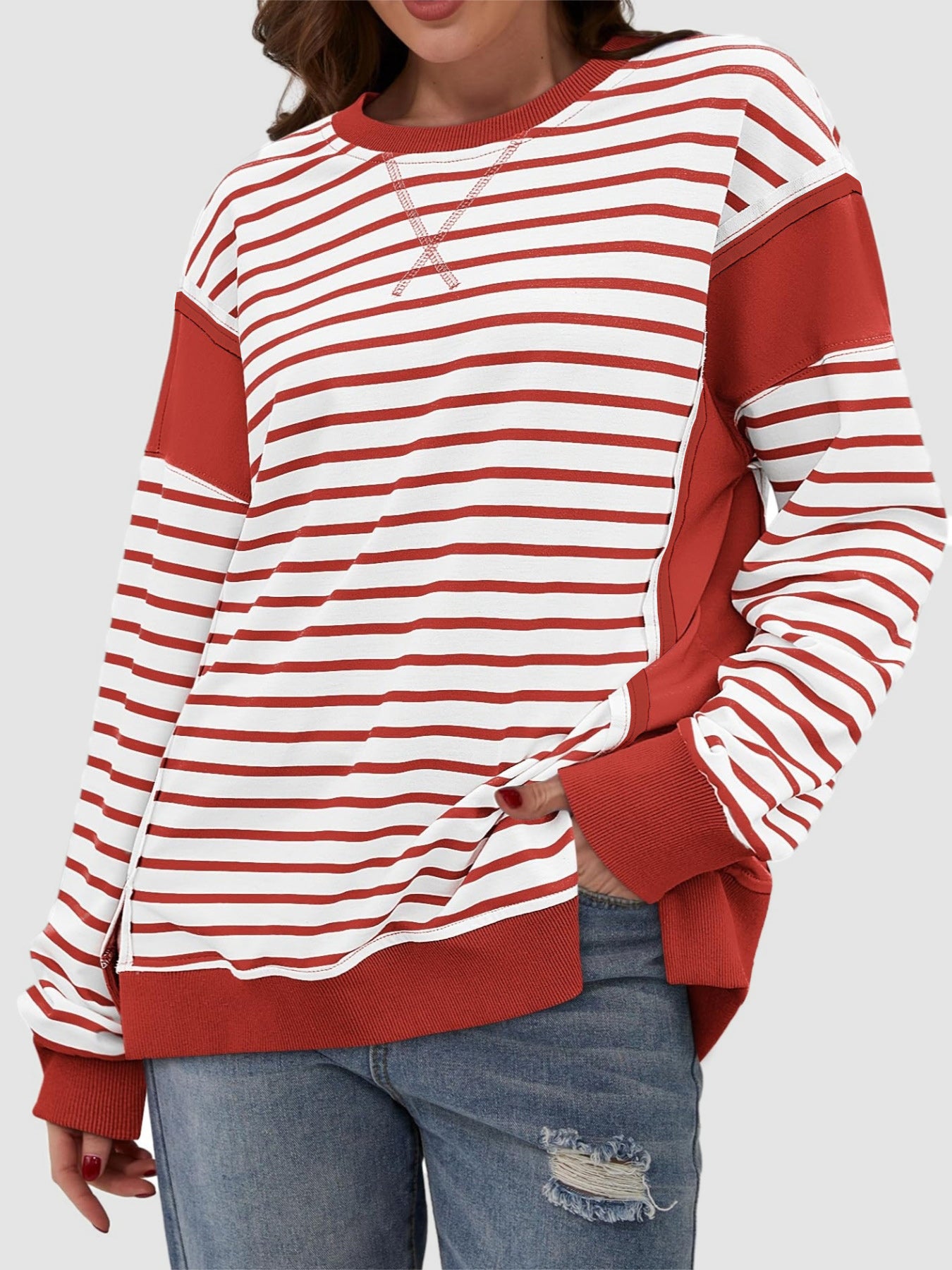 Zimonto - Slit Exposed Seam Striped Long Sleeve Sweatshirt Rust