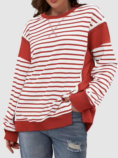 Zimonto - Slit Exposed Seam Striped Long Sleeve Sweatshirt Rust