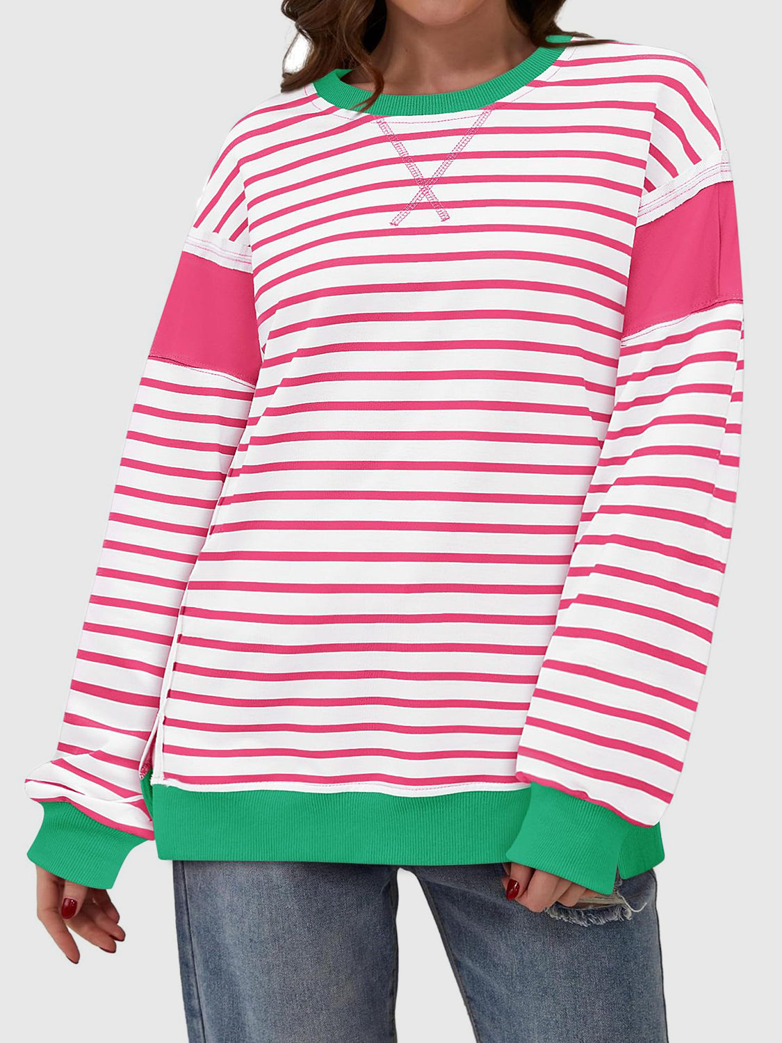 Zimonto - Slit Exposed Seam Striped Long Sleeve Sweatshirt