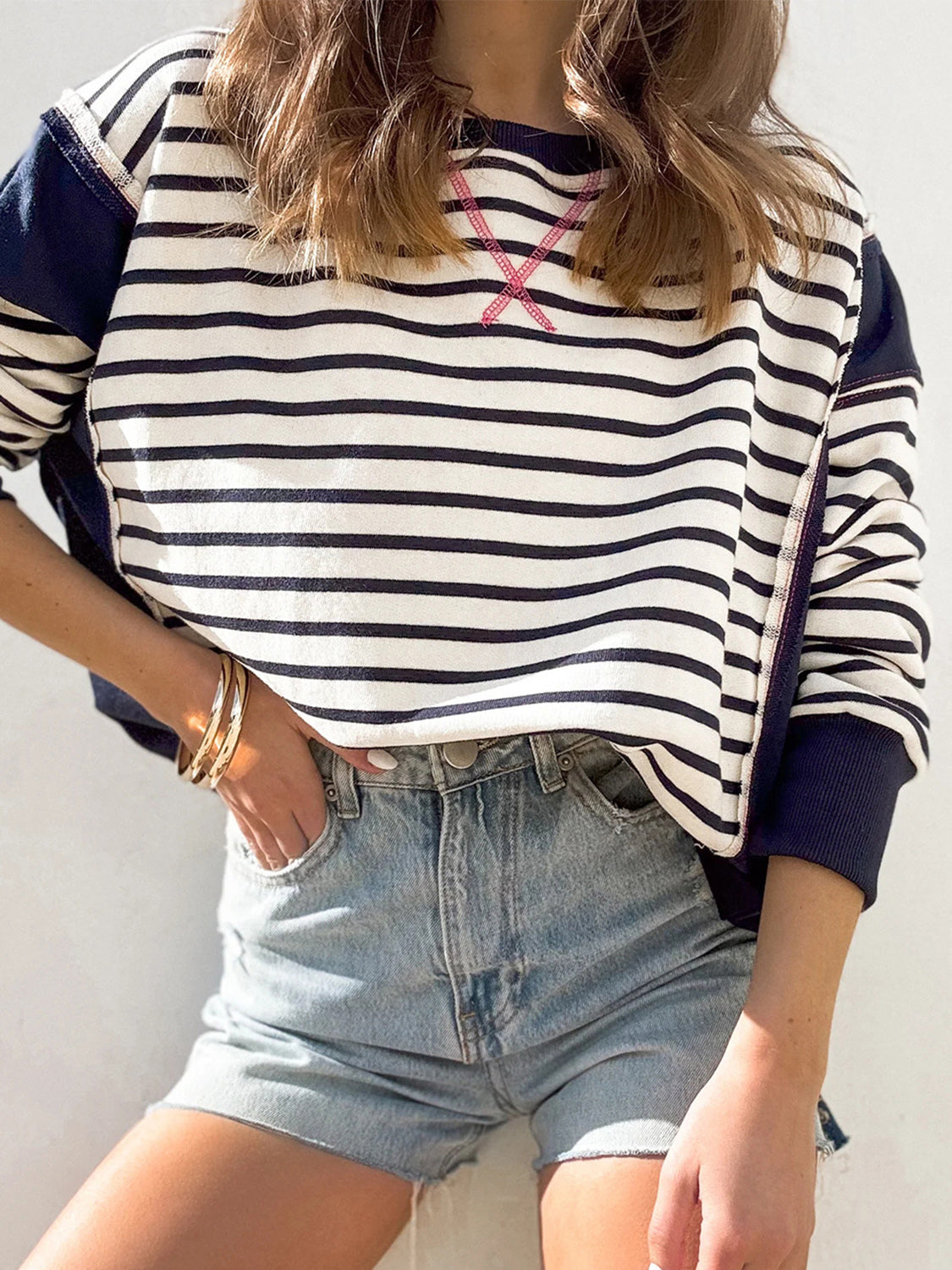 Zimonto - Slit Exposed Seam Striped Long Sleeve Sweatshirt