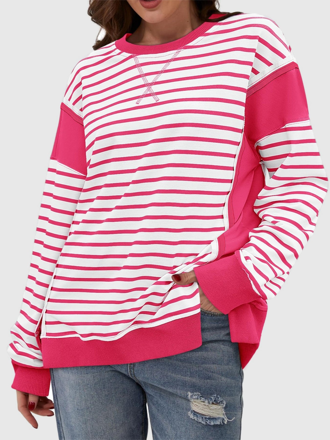 Zimonto - Slit Exposed Seam Striped Long Sleeve Sweatshirt Strawberry