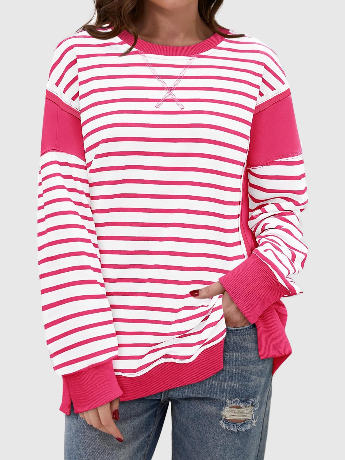 Zimonto - Slit Exposed Seam Striped Long Sleeve Sweatshirt
