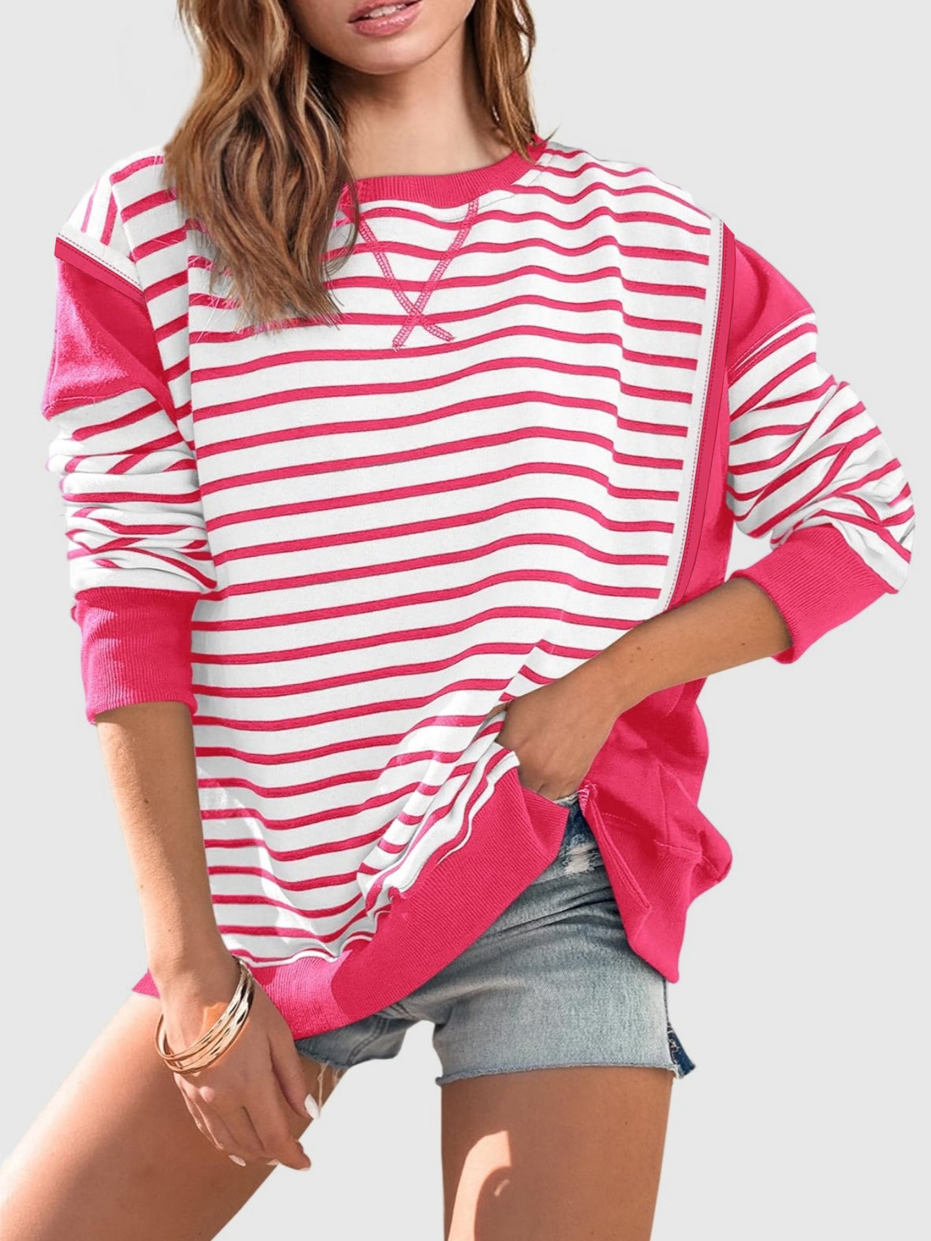 Zimonto - Slit Exposed Seam Striped Long Sleeve Sweatshirt