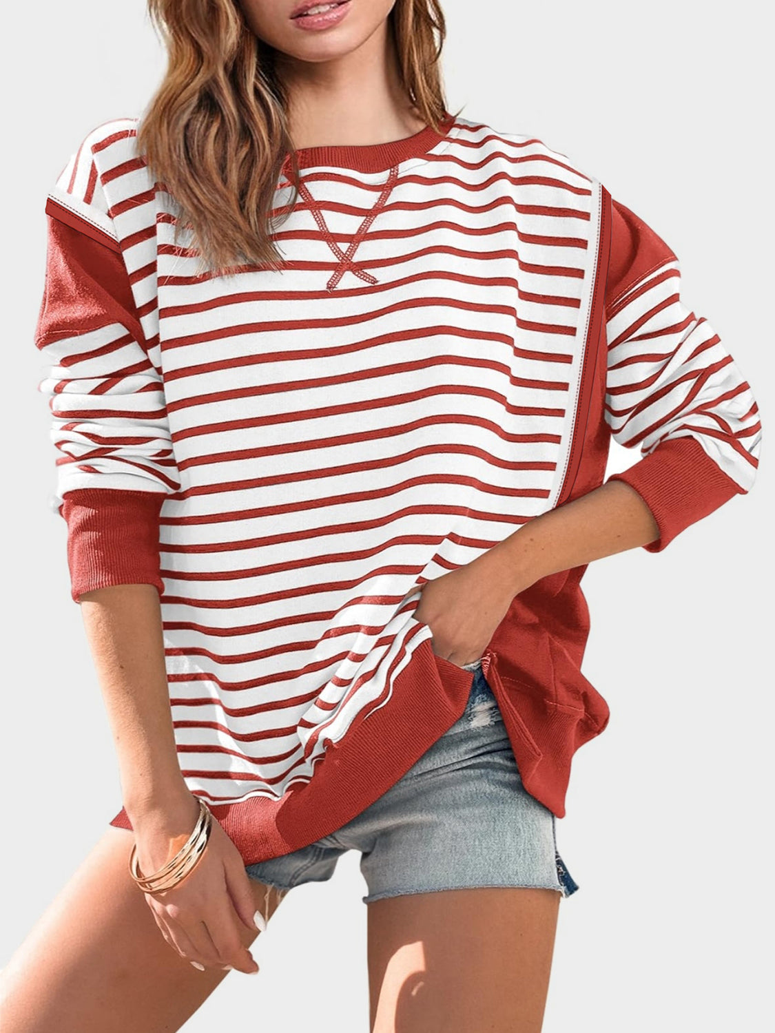 Zimonto - Slit Exposed Seam Striped Long Sleeve Sweatshirt