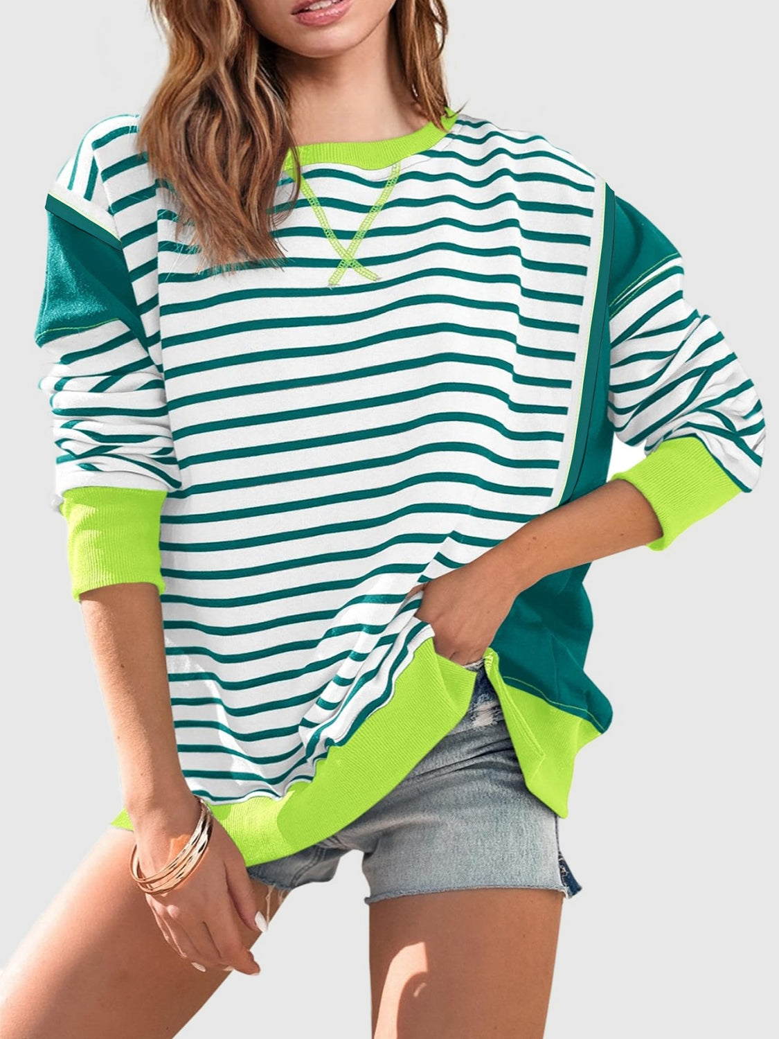 Zimonto - Slit Exposed Seam Striped Long Sleeve Sweatshirt Neon Green