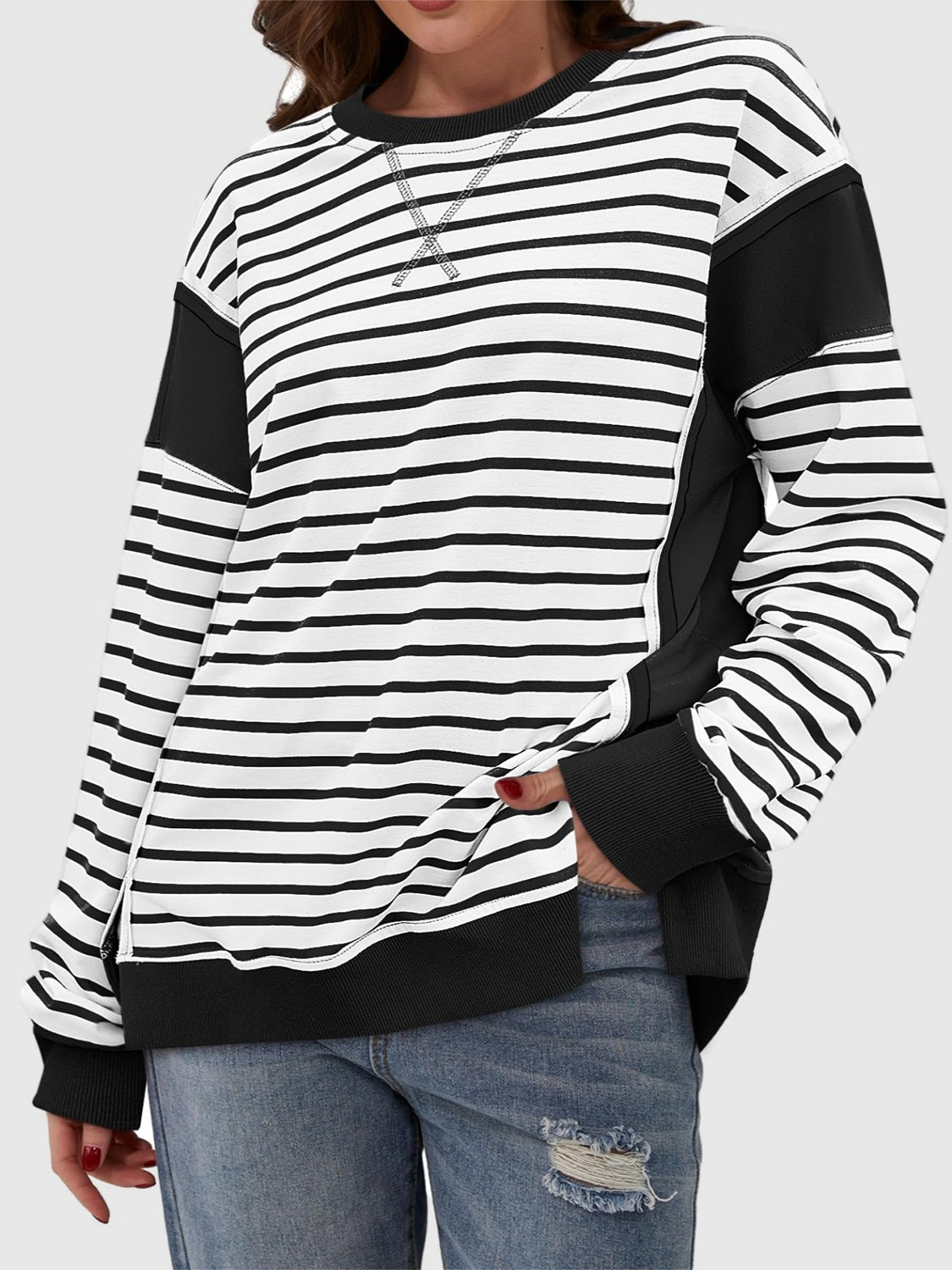 Zimonto - Slit Exposed Seam Striped Long Sleeve Sweatshirt