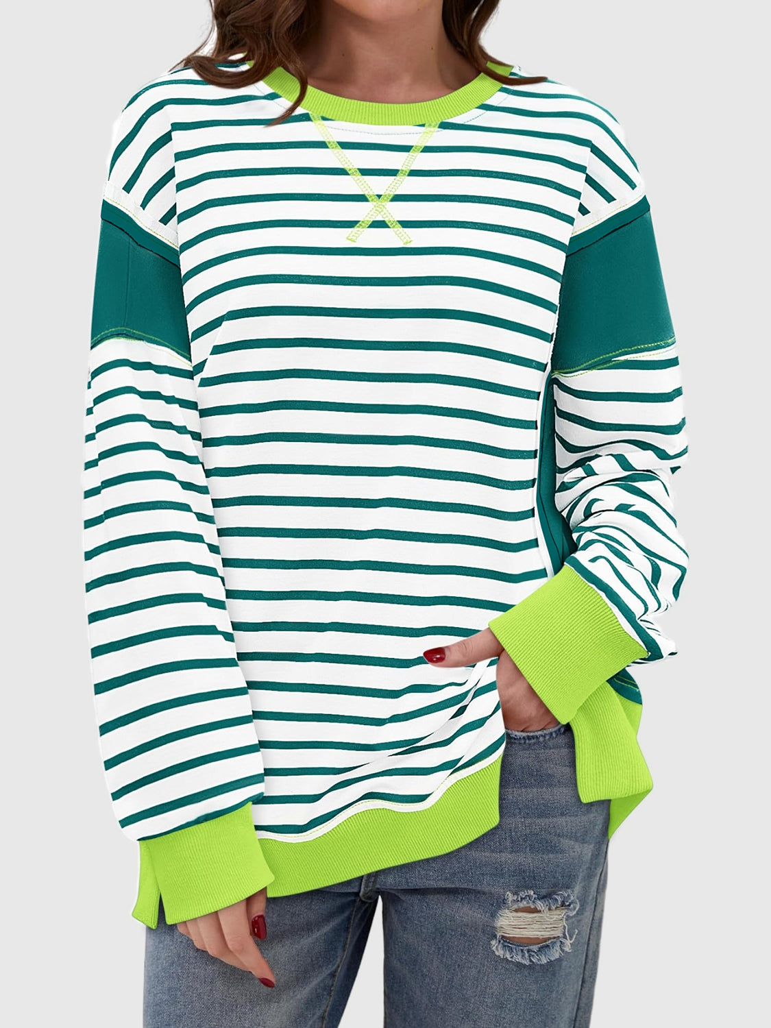 Zimonto - Slit Exposed Seam Striped Long Sleeve Sweatshirt