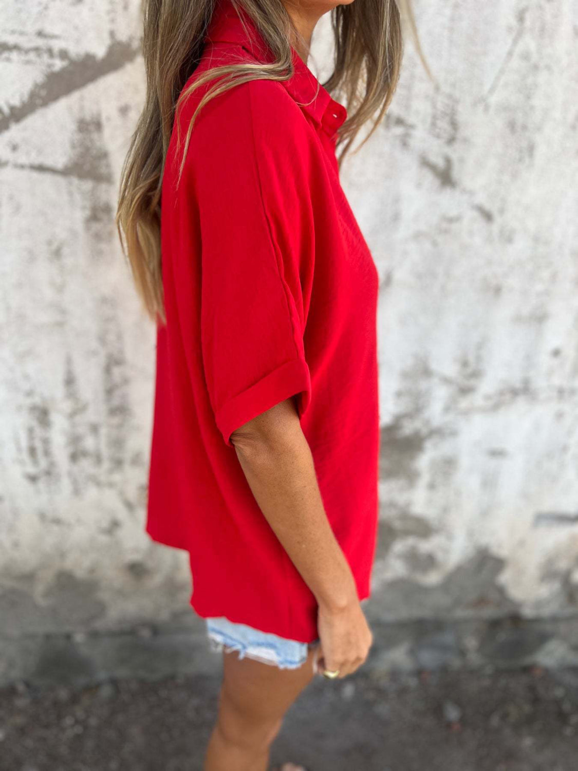 Zimonto - Full Size Collared Neck Half Sleeve Shirt Plus Size