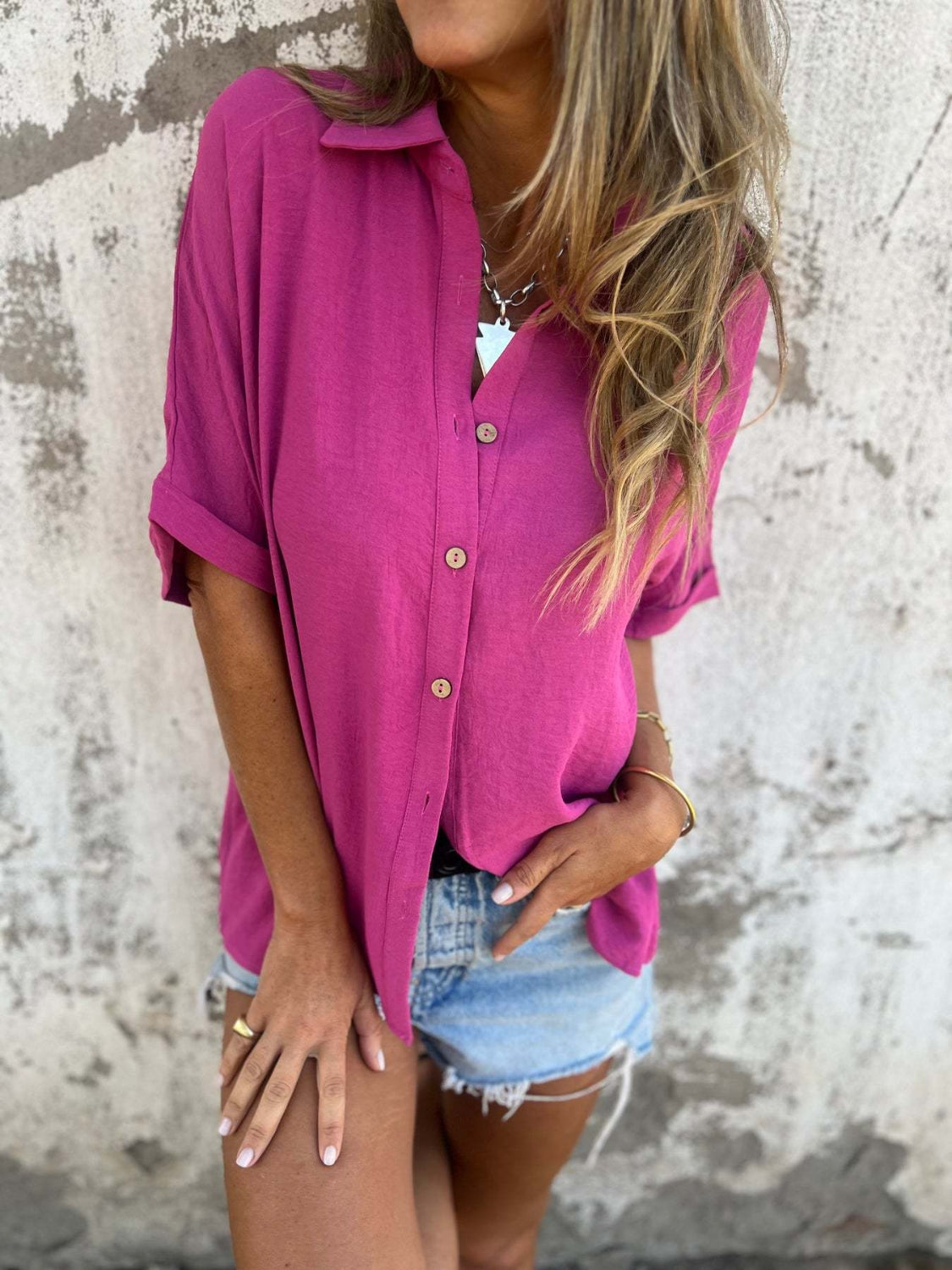 Zimonto - Full Size Collared Neck Half Sleeve Shirt Plus Size Deep Rose