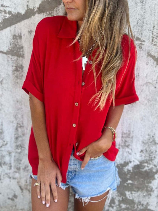 Zimonto - Full Size Collared Neck Half Sleeve Shirt Plus Size
