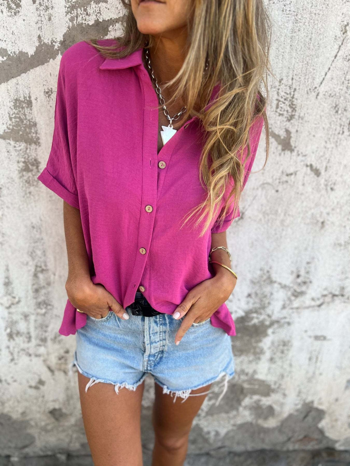 Zimonto - Full Size Collared Neck Half Sleeve Shirt Plus Size