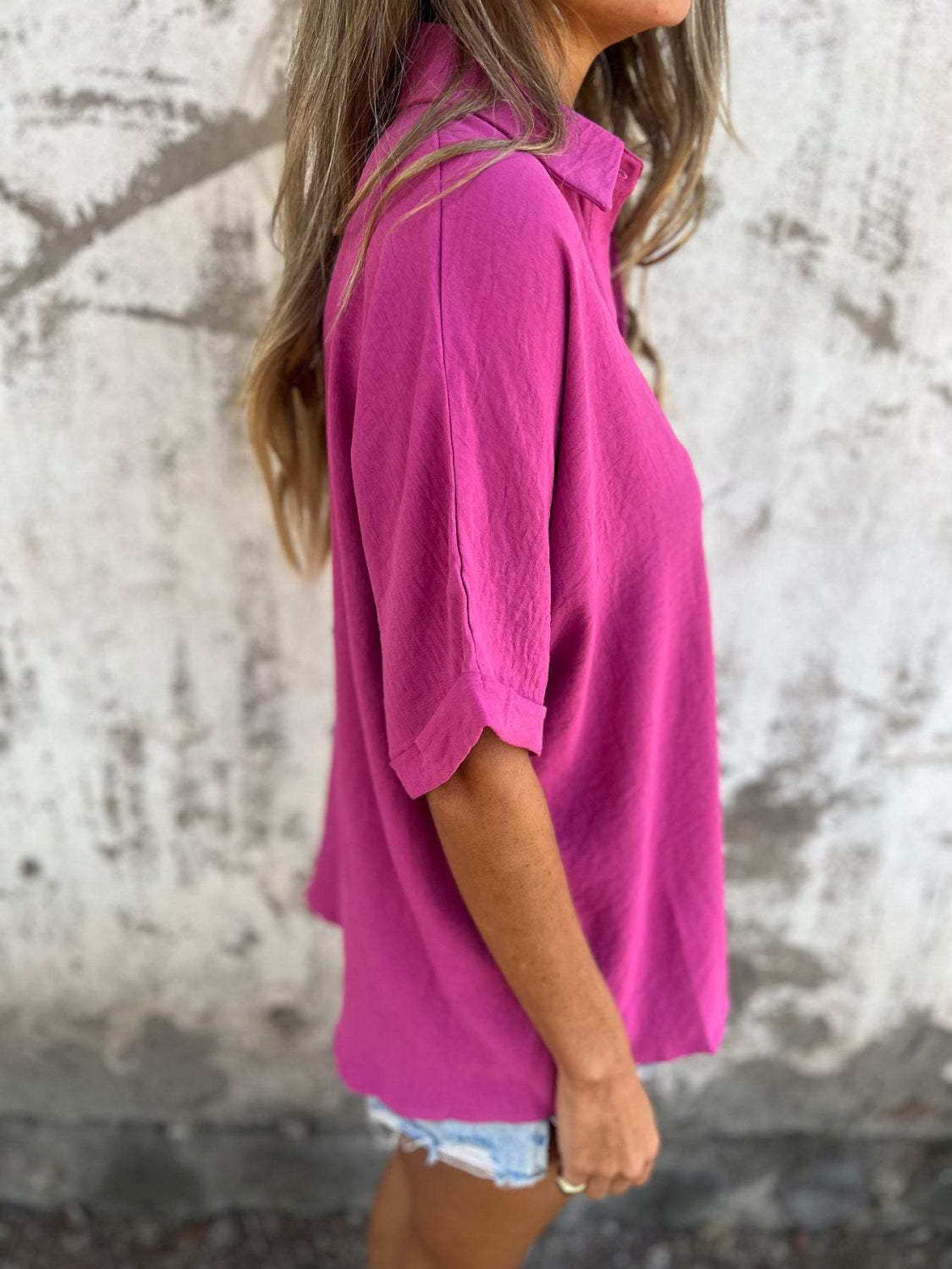 Zimonto - Full Size Collared Neck Half Sleeve Shirt Plus Size