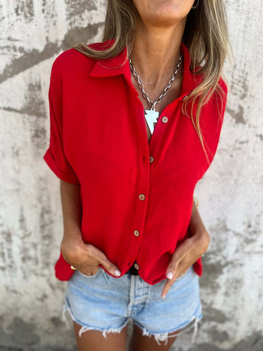 Zimonto - Full Size Collared Neck Half Sleeve Shirt Plus Size Scarlet