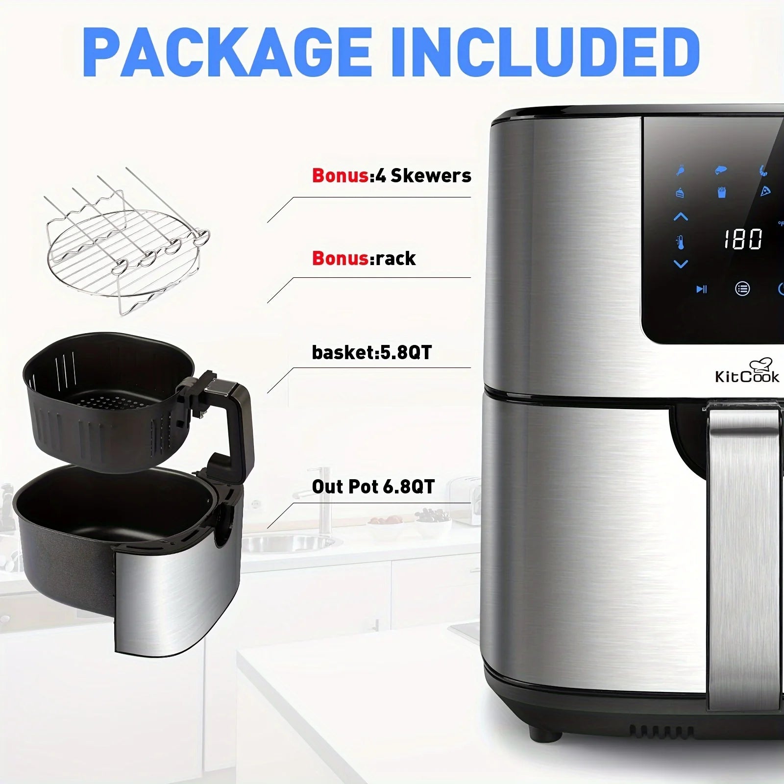 Zimonto - 1PC KitCook Large Air Fryer XL, 1500W 120V 6.8QT Stainless Steel Air Fryers Oven, Nonstick Basket, LED Touch Screen