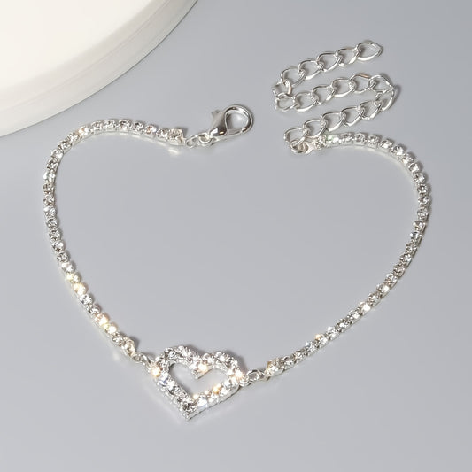 Zimonto - Valentines Day Theme Bracelet Hollow Heart Full Of Shiny Rhinestones Adjustable Chain Bracelet For Your Loved One