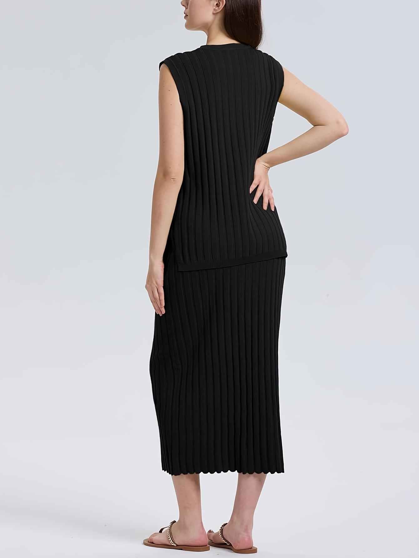 Stylish Womens Ribbed Knit VNeck Top  Midi Skirt Set