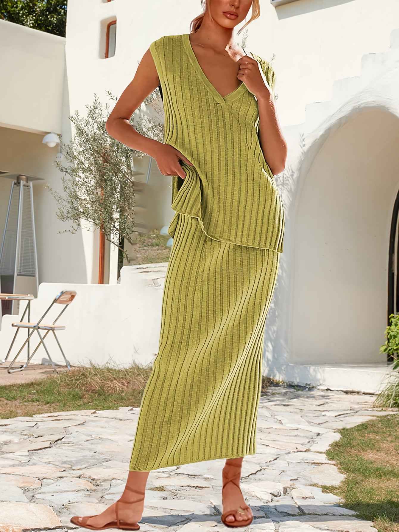 Stylish Womens Ribbed Knit VNeck Top  Midi Skirt Set