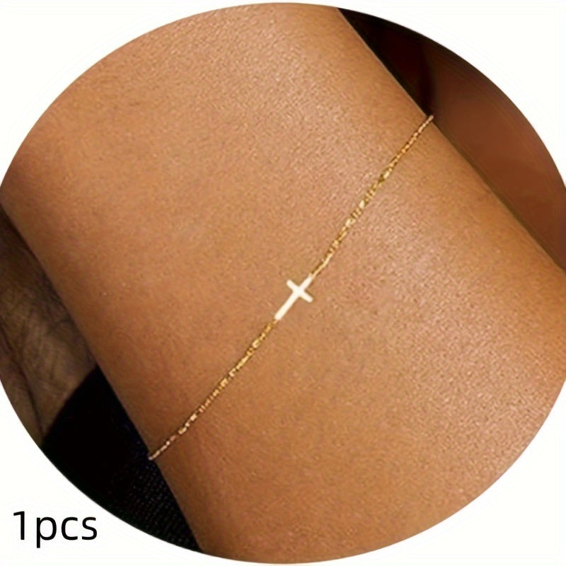 Zimonto - 1pcs Adjustable Stainless Steel Exquisite Golden Pearl Bead Chain Bracelet - Thin Golden Box Cuban Twisted Chain Design Tiny Cross-Golden 1pc