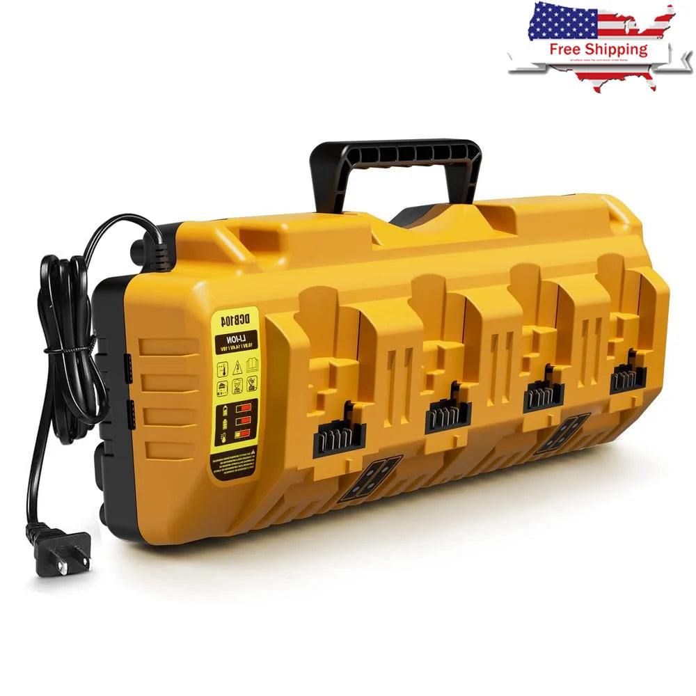 Zimonto - 12V 20V Max Battery Charger Station DCB104 Replacement Dewalt 4 Ports LED Lights USB Output Fast Charging Cooling Fin Smart Chip