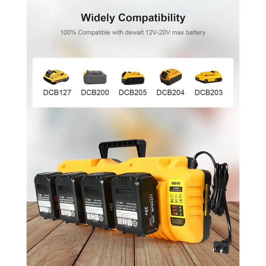 Zimonto - 12V 20V Max Battery Charger Station DCB104 Replacement Dewalt 4 Ports LED Lights USB Output Fast Charging Cooling Fin Smart Chip