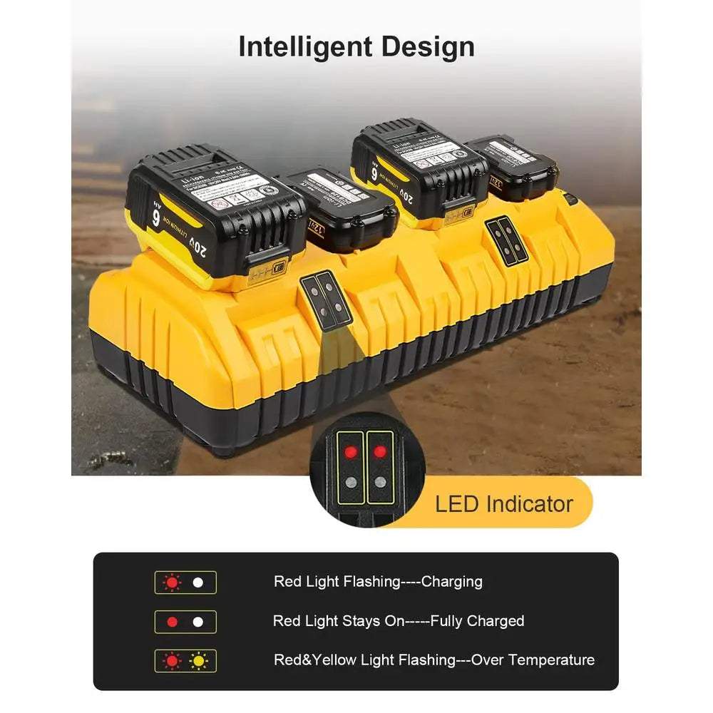 Zimonto - 12V 20V Max Battery Charger Station DCB104 Replacement Dewalt 4 Ports LED Lights USB Output Fast Charging Cooling Fin Smart Chip