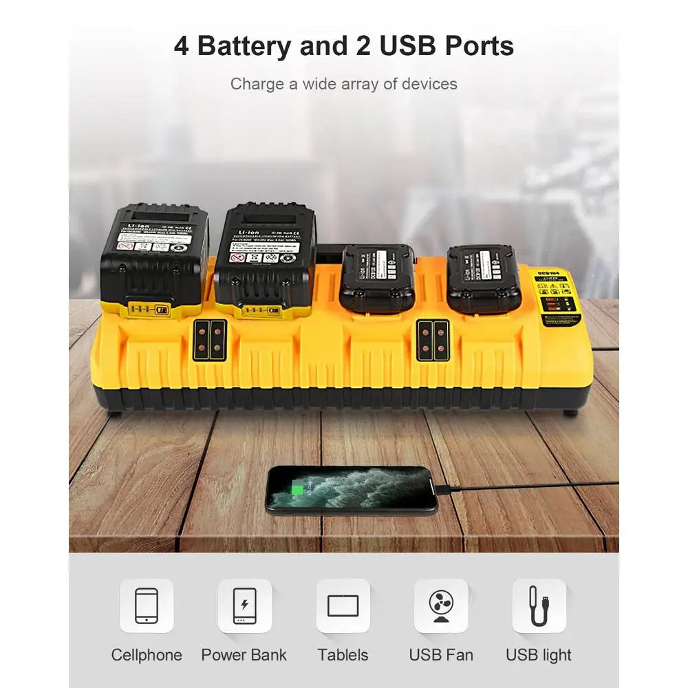 Zimonto - 12V 20V Max Battery Charger Station DCB104 Replacement Dewalt 4 Ports LED Lights USB Output Fast Charging Cooling Fin Smart Chip