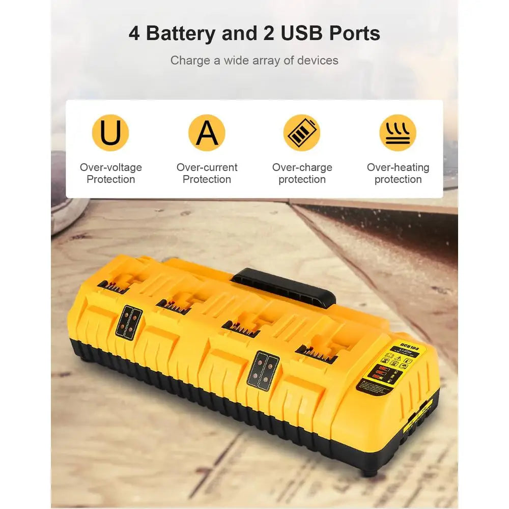 Zimonto - 12V 20V Max Battery Charger Station DCB104 Replacement Dewalt 4 Ports LED Lights USB Output Fast Charging Cooling Fin Smart Chip