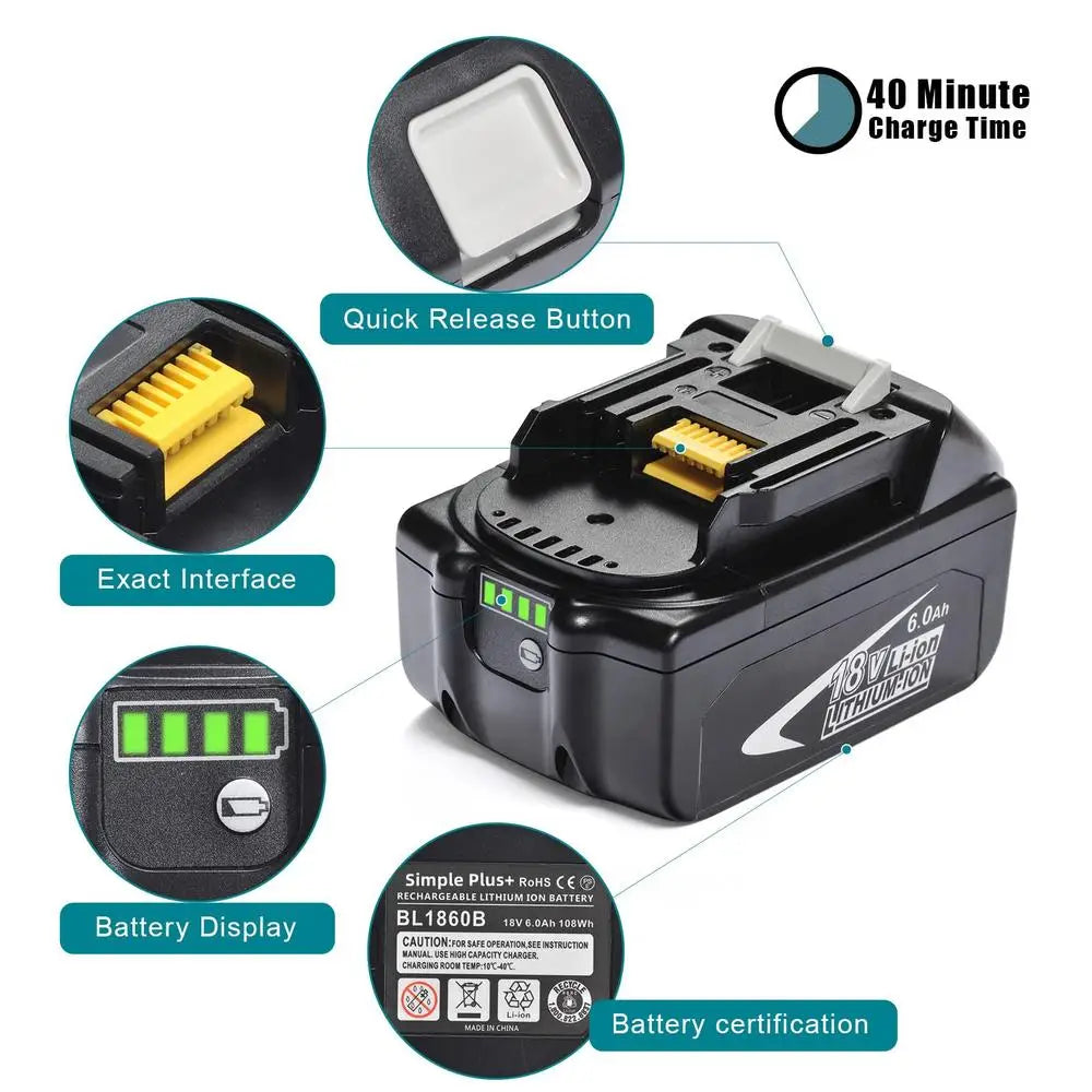 Zimonto - 2-Pack BL1860 18V 6000mAh Lithium-ion Battery Makita LXT Cordless Power Tools