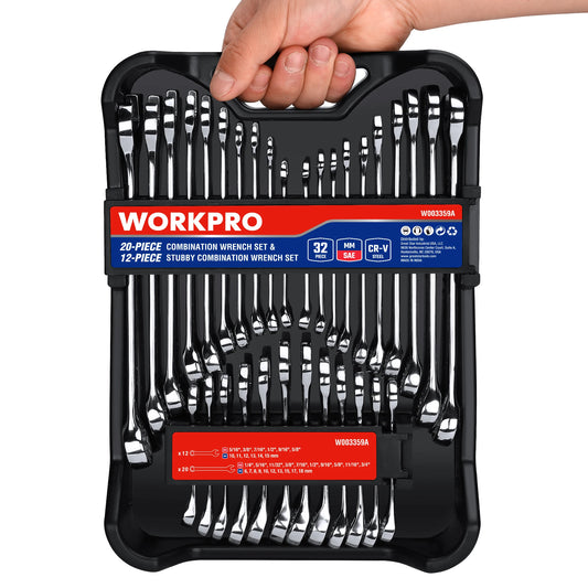 Zimonto - WORKPRO 32-Piece SAE & Metric Combination Wrenches Set, 20-Piece Standard wrenches and 12-Piece Stubby Wrenches with Organizer