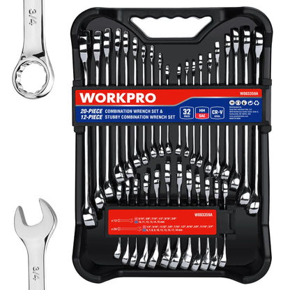 Zimonto - WORKPRO 32-Piece SAE & Metric Combination Wrenches Set, 20-Piece Standard wrenches and 12-Piece Stubby Wrenches with Organizer United States 32-Piece 32Pcs