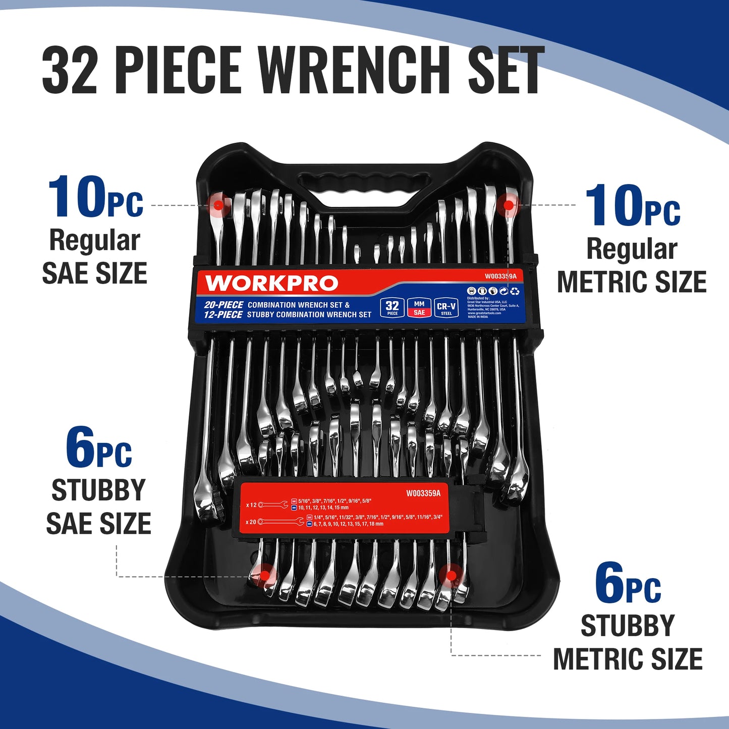Zimonto - WORKPRO 32-Piece SAE & Metric Combination Wrenches Set, 20-Piece Standard wrenches and 12-Piece Stubby Wrenches with Organizer