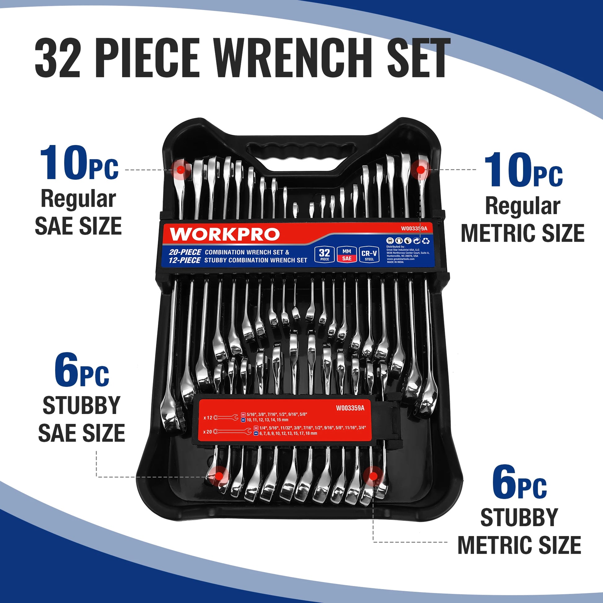 Zimonto - WORKPRO 32-Piece SAE & Metric Combination Wrenches Set, 20-Piece Standard wrenches and 12-Piece Stubby Wrenches with Organizer