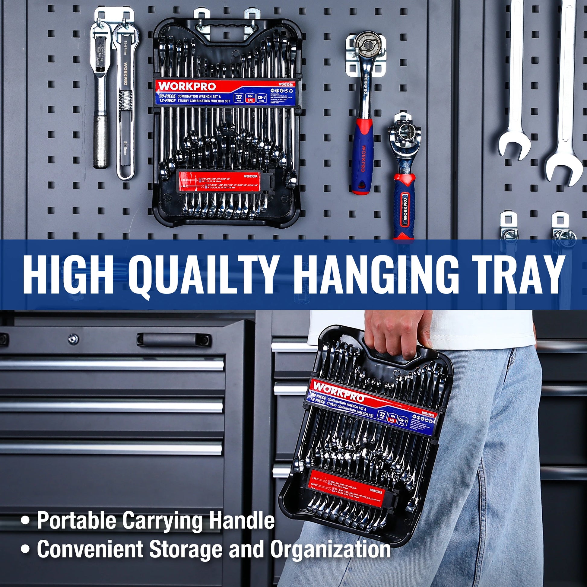 Zimonto - WORKPRO 32-Piece SAE & Metric Combination Wrenches Set, 20-Piece Standard wrenches and 12-Piece Stubby Wrenches with Organizer