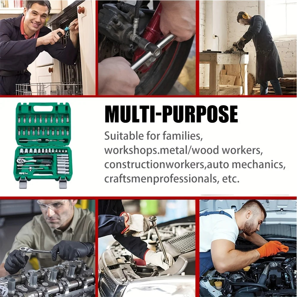 Zimonto - 53pcs, 1/4 Inch Drive Socket Ratchet Wrench Set, Bit Socket, Metric And Extension Bar Set For Automotive Repair﻿