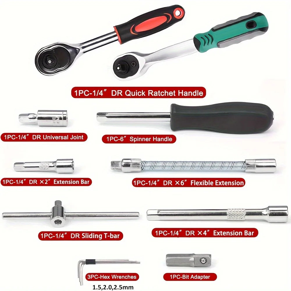 Zimonto - 53pcs, 1/4 Inch Drive Socket Ratchet Wrench Set, Bit Socket, Metric And Extension Bar Set For Automotive Repair﻿