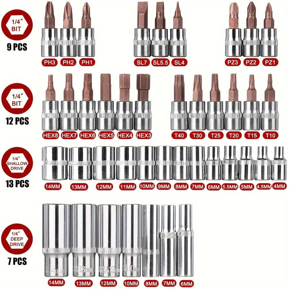 Zimonto - 53pcs, 1/4 Inch Drive Socket Ratchet Wrench Set, Bit Socket, Metric And Extension Bar Set For Automotive Repair﻿