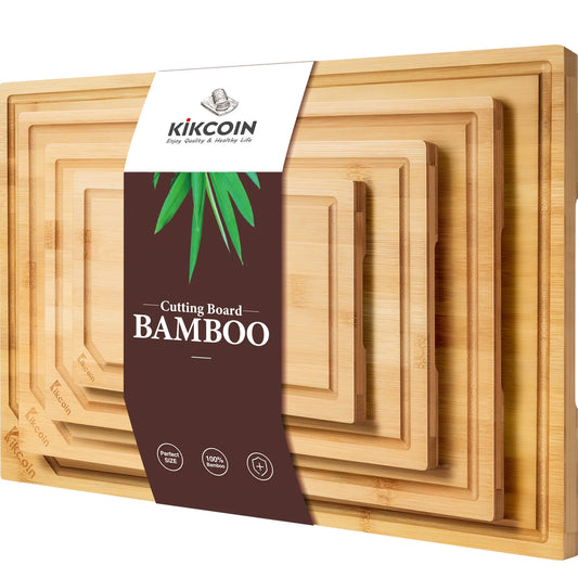 Zimonto - 4-piece extra large kitchen bamboo cutting board set, heavy duty cutting board with juice groove, inner handle design.