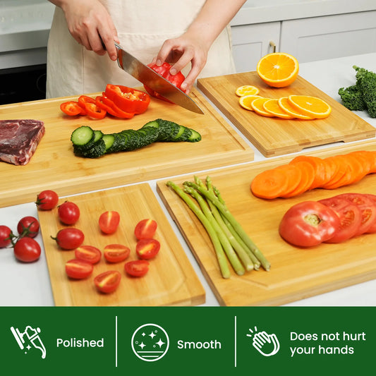 Zimonto - 4-piece extra large kitchen bamboo cutting board set, heavy duty cutting board with juice groove, inner handle design.
