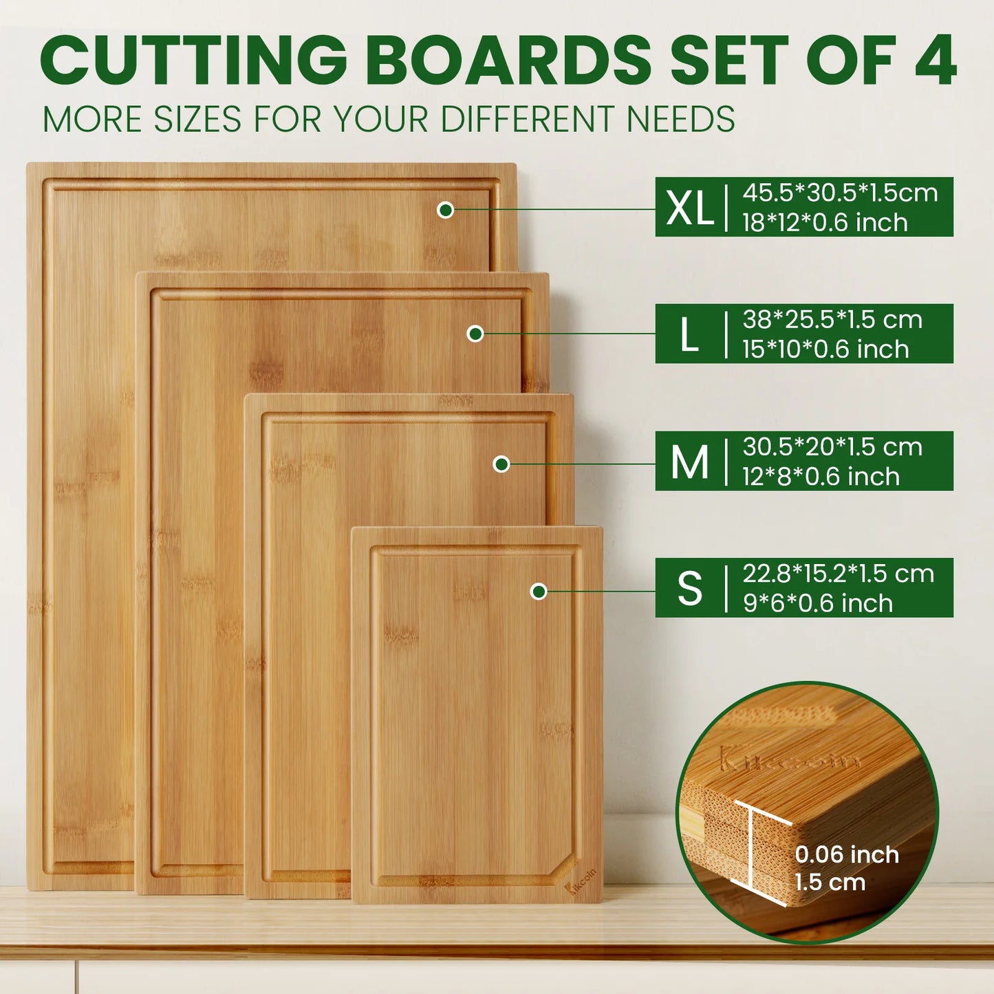 Zimonto - 4-piece extra large kitchen bamboo cutting board set, heavy duty cutting board with juice groove, inner handle design.